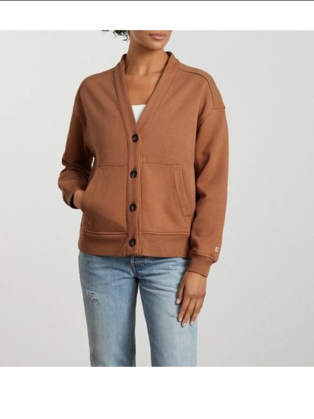 Everlane Organic Cotton Varsity Sweatshirt Cardigan L Brown Tan Pockets Fall